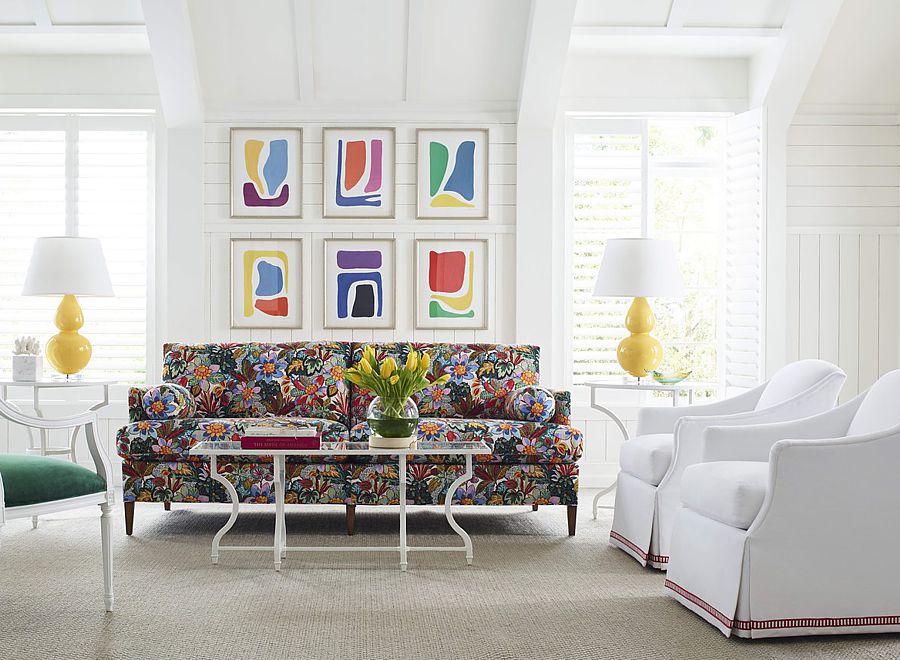 A floral traditional sofa brightens up the contemporary living room