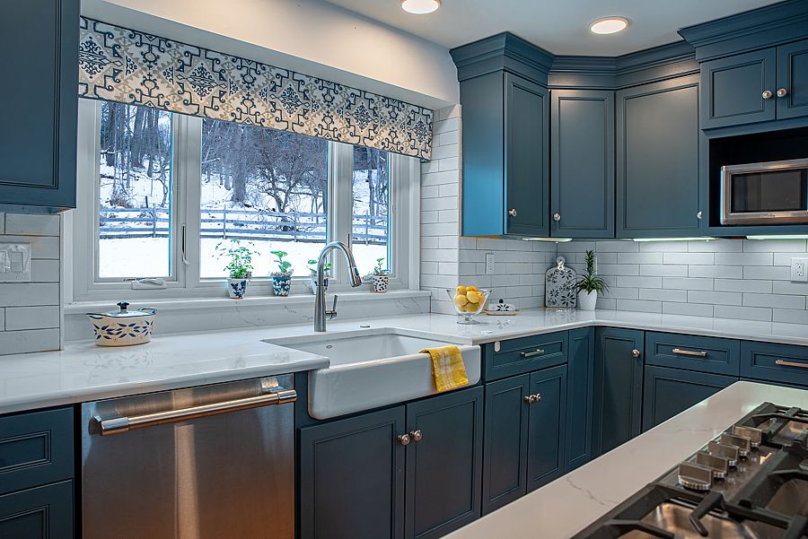 Kitchens and bathrooms often require simpler window treatments; Top treatments, blinds and shades.